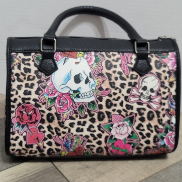 NWT Ed Hardy Cheetah Skull And Roses Tatoo Design Satchel/ Crossbody Handbag - Picture 6 of 15